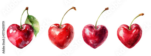 Watercolor set of heart cherries. Red juicy cherries in the shape of a heart with leaves and a stalk. Romantic berries in the shape of a heart. Elements for Valentine's Day, coquettes, etc.