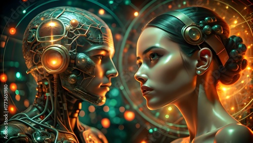 Futuristic Connection Between Human and Android — Artificial Intelligence and Digital Harmony Concept