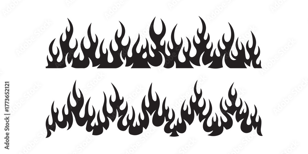Fototapeta premium Classic silhouette flame. Black fire set isolated on white background. Old school tattoo neo-tribal style or silhouette flame for cars. Minimalistic stylish fire outline and filled contour. Vector set