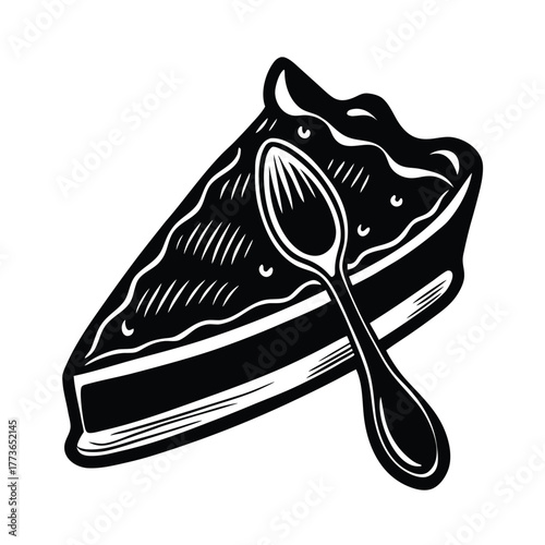 Savoring the moment: a graphic vintage woodcut style illustration of a wedge of delicious homemade pie or cheesecake, topped generously with filling and served with a dessert spoon, ready to eat.
