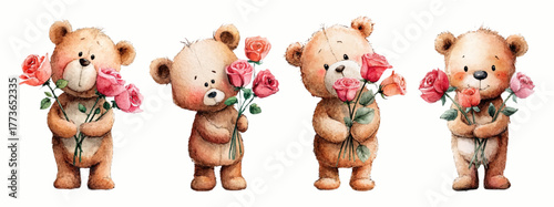 Watercolor set of cute teddy bears with roses. Plush teddy bears holding a bouquet of red roses. Romantic gifts for the holidays. Cute teddy bears.