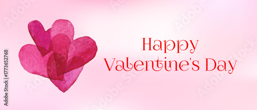 Happy Valentine's Day banner. Cute pink banner with hearts. Romantic pink template for greetings and inscriptions for the holiday. Vector illustration.