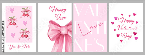 Set of cute cards for Valentine's Day. Pink cards with bows, cherries and hearts. Watercolor greeting cards. Templates for text and greetings. Happy Valentine's Day.