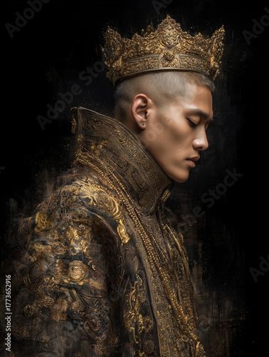 asian king with golden crown and asian royal robe, modern portrait, elegant lighting, dark blend edges, dark blending, no background