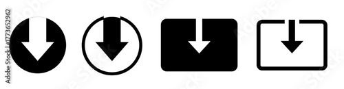 Four styles of download arrow icon vector set for user interface, web design, transferring data, and saving files