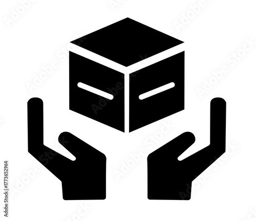 Hands holding a package or product box icon vector, symbolizing secure delivery, logistics, care, and quality guarantee