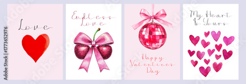 Set of Valentine's Day posters. Watercolor elements of hearts, disco balls and cherries with bows. Romantic cards x hand drawn cute elements. Design of Valentine's Day greeting card.