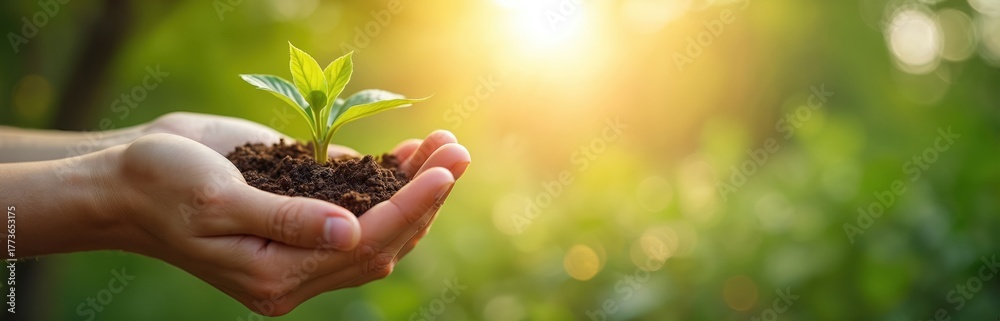 Naklejka premium Hands cradle new plant sprout in rich soil, sunlit green leaves grow. Nurturing nature, future life, and climate action. Farming, garden, hope, eco balance.