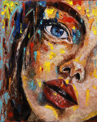 Vibrant oil painting of a woman's face created with bold strokes and rich colors. The abstract expressive style highlights beauty, emotion, and individuality.