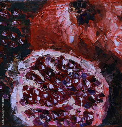 Rich oil painting of a sliced pomegranate with vivid red seeds. Bold textures and warm tones create a striking still life composition.
