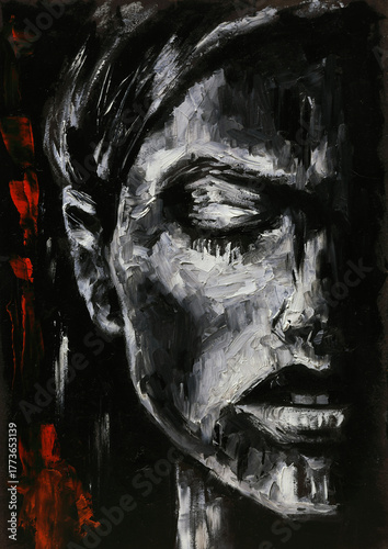 Dramatic monochrome-style oil painting of a woman's face. Bold contrasts emphasize emotion, mystery, and expressive features.