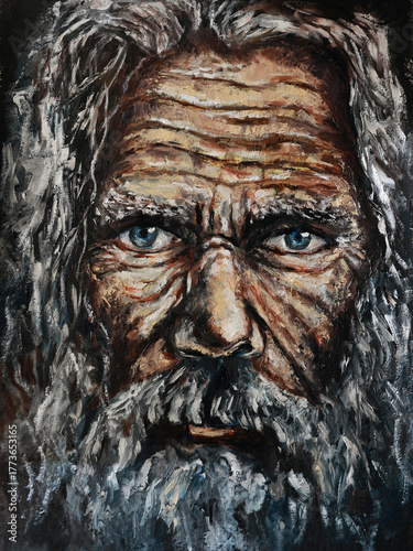 Powerful oil portrait of an elderly man with deep wrinkles and intense eyes. Rich textures emphasize emotion, wisdom, and character.