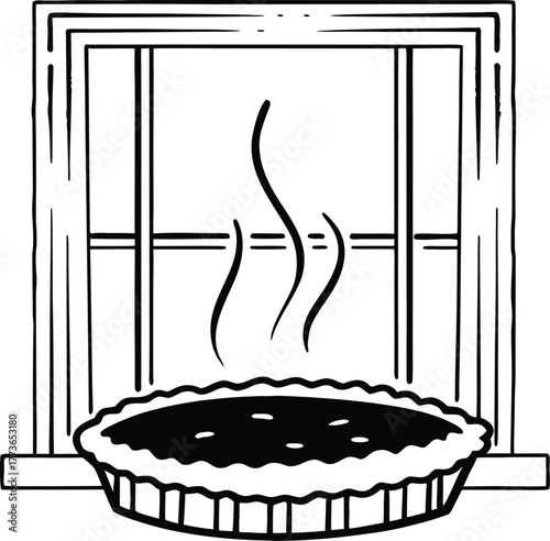 Freshly baked pie steaming on a kitchen windowsill, simple black and white outline illustration of dessert, homemade pastry cooling by the window.
