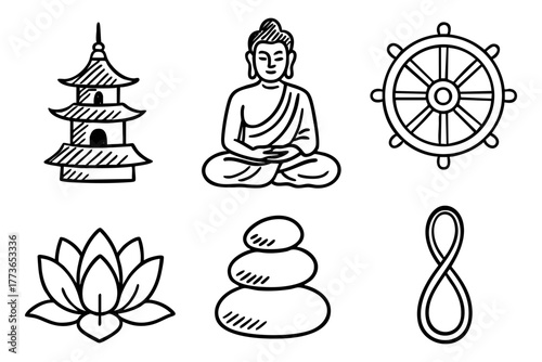 Buddhism Doodle Icon Set - Zen Spirituality and Meditation Symbols