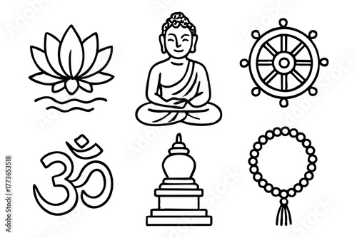 Buddhism Doodle Icon Set - Zen Spirituality and Meditation Symbols