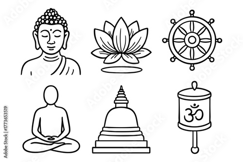Buddhism Doodle Icon Set - Zen Spirituality and Meditation Symbols