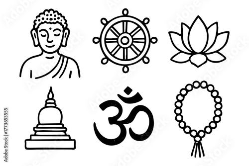 Buddhism Doodle Icon Set - Zen Spirituality and Meditation Symbols