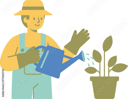 A friendly gardener waters a potted plant with a blue watering can, wearing a straw hat and gloves, he nurtures the plant with care