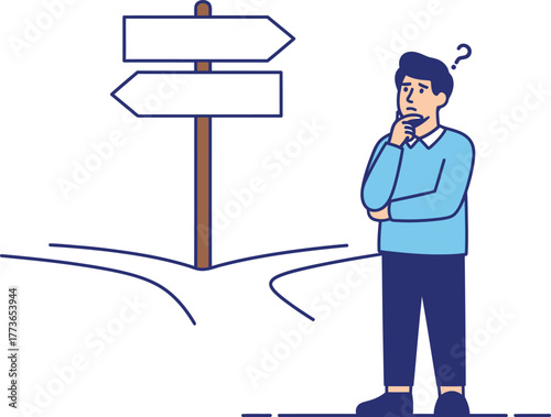 A man is standing at a crossroads, trying to decide which way to go, he is confused and unsure of what to do