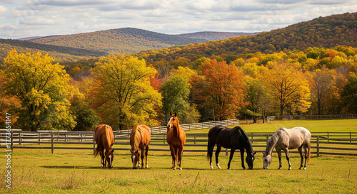 Autumn horses graze in mountain pasture