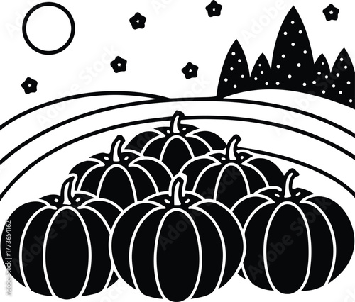 Monochrome vector illustration featuring a group of harvested halloween pumpkins piled up in a rural field landscape under a minimalist night sky with stars and the moon outline