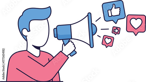 A person with a megaphone promoting social media engagement, likes, and hearts