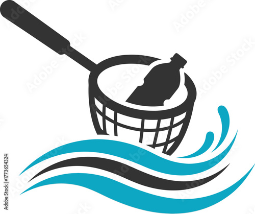 A net scoops up a plastic bottle from water, symbolizing pollution cleanup and environmental conservation