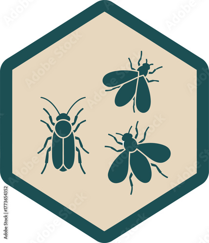 Pest control service icon vector illustration of a hexagon with a cockroach and two flies inside, symbolizing pest control and extermination services