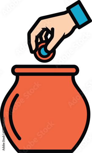 Hand putting coin in pot vector illustration of a hand placing a coin into a pot, symbolizing savings, investment, and financial growth