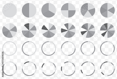Set of colorful pie charts. Colorful pie charts with varying segments. Circle section graph. Pie chart set. Pie charts diagrams. Different color circles. donut and pie chart infographic elements set.