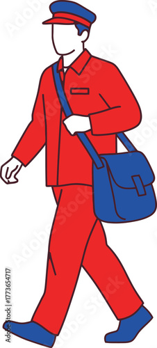 Illustration of a postman in red uniform and blue cap walking with a blue bag, delivering mail and packages to people