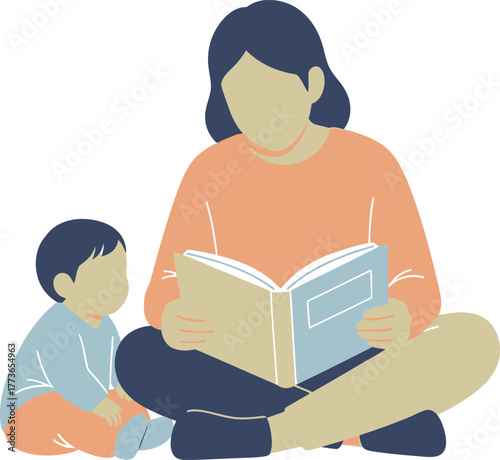 Mother reading a book to her child illustration of family time, education, and early learning concept for childrens literature
