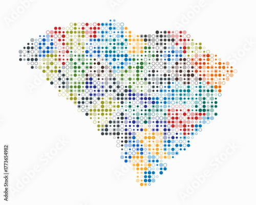 South Carolina, shape of the state build of colored cells. Digital style map of the South Carolina on white background. Small size circle blocks. Plain vector illustration.