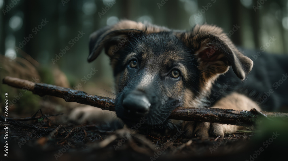 Fototapeta premium German Shepherd Puppy Chewing Stick in Forest Outdoors Realistic Detailed Lighting