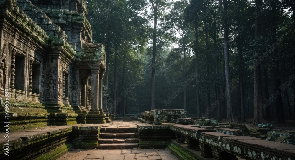 Obraz premium Ancient stone temple ruins overgrown by lush green forest, stairs visible