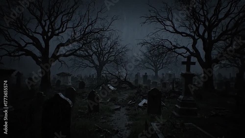 A stormy graveyard scene with bare trees, lightning striking, and a gloomy atmosphere