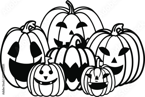 A black and white line art illustration featuring a cluster of smiling jack-o'-lanterns, perfect for halloween decorations, holidays, and spooky autumn celebrations, isolated vector graphic on white.