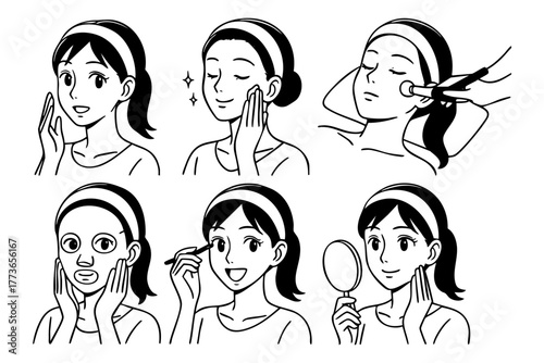 Woman beauty cosmetic character icon in japan doodle hand drawn style. Vector stock