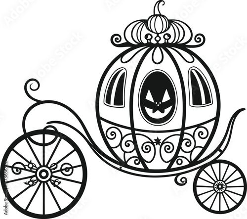 Stylized halloween pumpkin carriage vector line art illustration with detailed scrollwork and a spooky jack-o'-lantern face design, isolated.