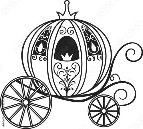 Cinderella fairytale pumpkin carriage vector illustration outline drawing isolated on white background with crown element and ornate scrollwork decoration wedding concept design