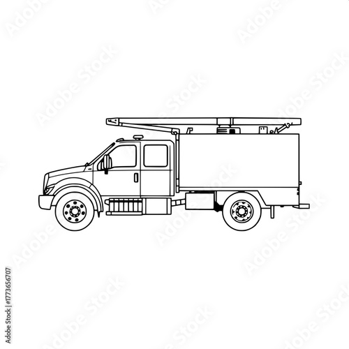 “A schematic line drawing of a utility truck, depicted in side profile. The illustration uses heavy black outlines on white, avoiding any shading or fine details. The style is clean, modern, and icono