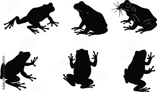 Frog silhouettes sitting, climbing, jumping, catching prey, amphibian vector illustration, wildlife design, nature animal art, reptile amphibian graphic, pond creatures collection