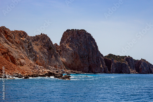 Rugged Shoreline of Suluada Island Where Cliffs Show a Reddish-Ochre Tint, Mediterranean Coast of Turkey