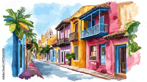 Cartagena Old Town. Cartagena Old Town hand drawn watercolor illustration