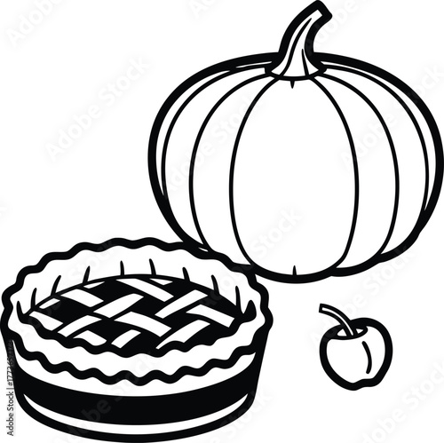 Black and white outline illustration of a freshly baked lattice pie next to a whole fall pumpkin and a small apple, representing autumn harvest and thanksgiving.