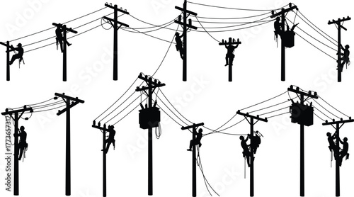 Electrical linemen working on utility poles, power line maintenance crew with safety harness, climbing gear, transformers, insulators, teamwork, training, energy distribution,