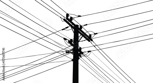 Silhouette utility pole with power lines, electrical distribution network, urban infrastructure, energy supply system, electricity transmission cables, industrial structure, 