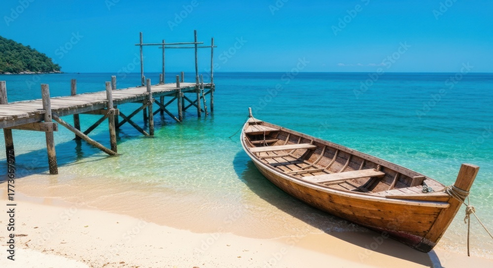 Obraz premium Boat on white sand beach next to pier in bright sun and clear turquoise water