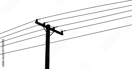 Silhouette utility pole with power lines, electricity distribution infrastructure, urban skyline energy network, industrial communication cables, evening sunset background,