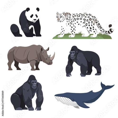 Endangered Wild Animals Vector Set - Panda, Snow Leopard, Rhino, Gorilla, and Blue Whale Collection - Conservation and Wildlife Icons